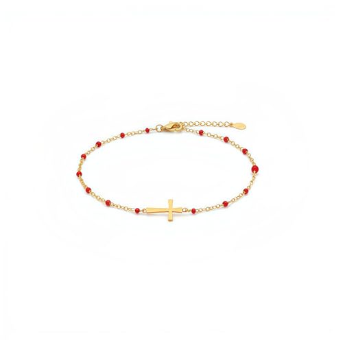 18K Gold Plated Pearl Beaded Cross Bracelets for Women Adjustable Stainless Steel Dainty Thin Gold Box Cuban Twisted Link Chain Bracelet Bridesmaid Jewelry Gifts - color: Red Cross-Gold