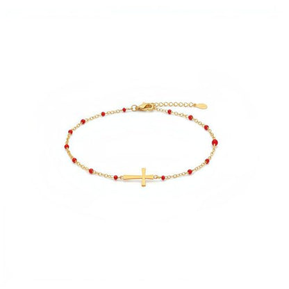 18K Gold Plated Pearl Beaded Cross Bracelets for Women Adjustable Stainless Steel Dainty Thin Gold Box Cuban Twisted Link Chain Bracelet Bridesmaid Jewelry Gifts - color: Red Cross-Gold