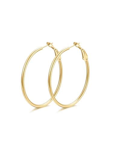 FindChic Thin Hoop Earrings for Women,Silver/Black/Gold Plated 20-100mm - color: Gold, size: 40mm