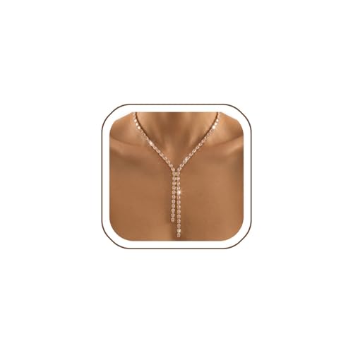 Rhinestone Necklace for Women, Y-Shaped Lariat Necklaces with Cubic Zirconia, Adjustable Drop Pendant, Gold Dainty Tennis Necklace for Prom, Weddings, and Parties, Elegant Jewelry Gift