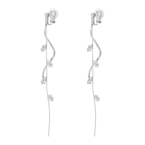 ASOQOLA Clip on Earrings Non Pierced for Women Long Dangle Drop Clip Earrings - Cubic Zirconia Leaf Earrings for Women Wedding Party Prom Jewelry Gifts - color: silver