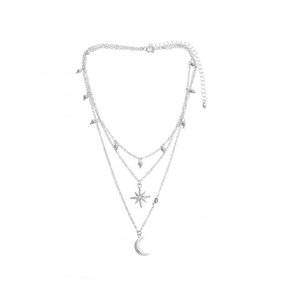 Layered Moon Star Crystal Necklace Gold Silver Plated Boho Charm Crescent Lucky Stars Small Bell Tassel Sparkly Rhinestone Cubic Zirconia Chain Necklace for Women Christmas Birthday Trendy Jewelry Gifts - color: Silver