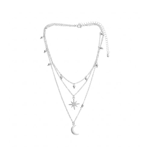 Layered Moon Star Crystal Necklace Gold Silver Plated Boho Charm Crescent Lucky Stars Small Bell Tassel Sparkly Rhinestone Cubic Zirconia Chain Necklace for Women Christmas Birthday Trendy Jewelry Gifts - color: Silver