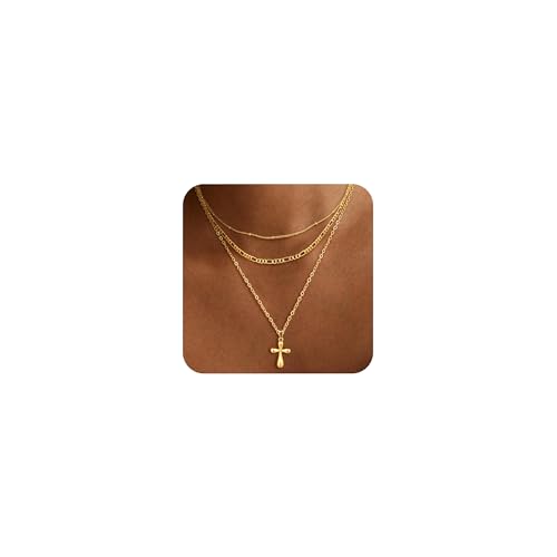 MFRYK Gold Necklaces for Women,14K Gold/Silver Plated Choker Layered Necklace Dainty Pearl Disc Cross Circle Heart Pendant Chain Stackable Necklaces, Multilayer Jewelry Set Gifts for Women - style: 3Layered Cross-GD