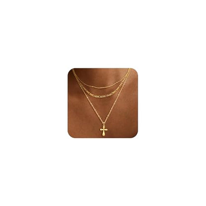 MFRYK Gold Necklaces for Women,14K Gold/Silver Plated Choker Layered Necklace Dainty Pearl Disc Cross Circle Heart Pendant Chain Stackable Necklaces, Multilayer Jewelry Set Gifts for Women - style: 3Layered Cross-GD
