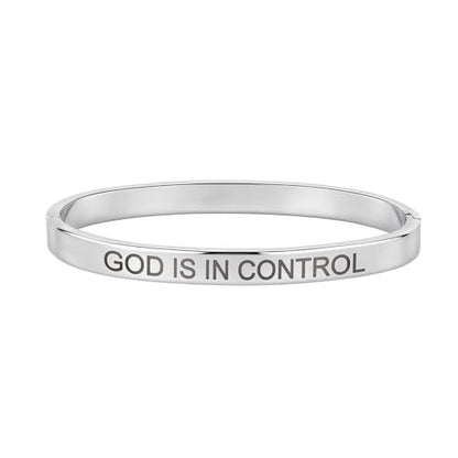 Inspirational Christian Bracelet for Women, Oval Engraved Bible Verse Love Bangle Cuff, Faith Scripture Jewelry, Religious Encouragement Gift for Mom Daughter Sister Friend - color: GOD IS IN CONTROL-Oval Bangle Silver