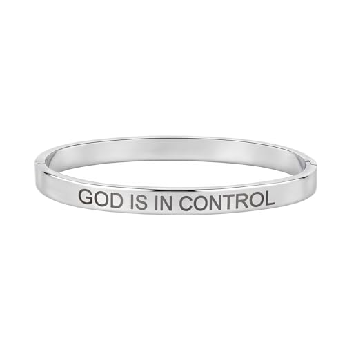 Inspirational Christian Bracelet for Women, Oval Engraved Bible Verse Love Bangle Cuff, Faith Scripture Jewelry, Religious Encouragement Gift for Mom Daughter Sister Friend - color: GOD IS IN CONTROL-Oval Bangle Silver