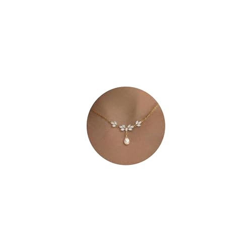 Pearl Necklace for Women- 14K Gold-plated/White Gold-plated Dainty Pearl Necklace for Women - color: Gold leaf teardrop