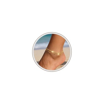 Freekiss Sparkle Glitter Waterproof Ankle Bracelets for Women Trendy | Dainty Layered Anklet for Women Adjustable Womens Anklet Set Stackable Beaded Cuban Link Anklets Beach Jewelry for Women - color: ANKLET-sparkle glitter+beaded chain-GD