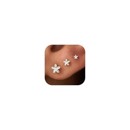 3 Pair Tiny Flat Back Earrings for Women - 14K Gold/White Gold Plated Dainty Cute Small Screw Flatback Stud Earring, Everyday Wear Gift - color: Flower Flat-4/5/6mm Silver