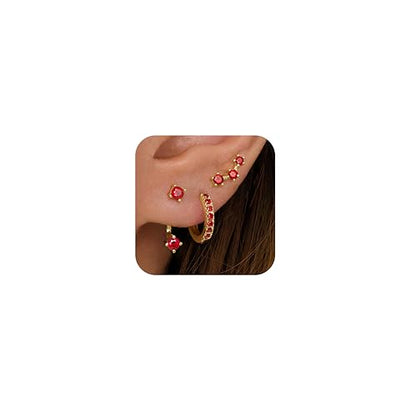 3 Pairs Dainty Small Earrings Set for Women Trendy, Birthstone Stud Huggie Hoop Jacket Stack for Cartilage Helix, Gold Plated Hypoallergenic Cute Women Fashion Accessories Western Jewelry Gifts - color: 01Red Created Garnet-Jan (Gold)