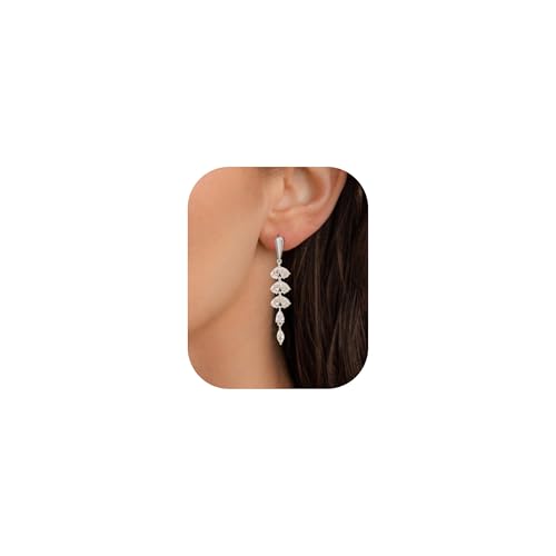 Dangle Earrings for Women - 14K Gold/White Gold/Rose Gold Plated Butterfly Heart Star Hoop Chain Long Tassel Cubic Zirconia CZ Dangle Earrings - color: Silver Leaf Dangle