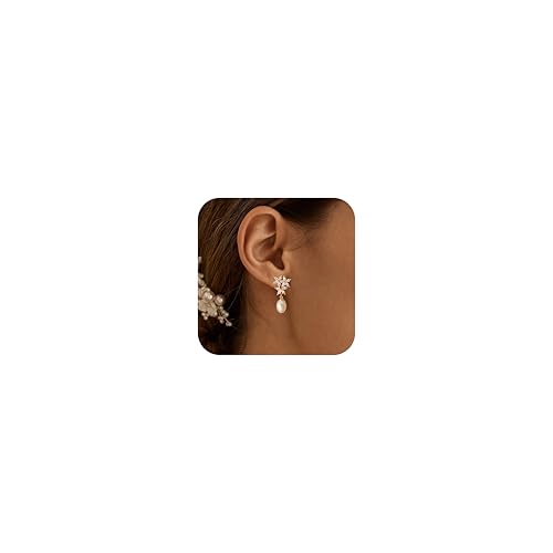 Pearl Earrings for Women:Gold Wedding Dangle Drop Earring Pearl Jewelry | 14K Gold Plated Pearl Drop Earrings for Women,Dainty Wedding Bride Earring Studs,Gold Dangle Drop Earring,Waterproof Jewelry - size: 1 pcs-9
