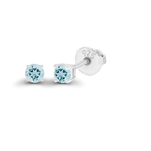 14K Gold Plated 925 Sterling Silver Hypoallergenic 3mm Round Genuine Birthstone Solitaire Screwback Stud Earrings - color: Aquamarine