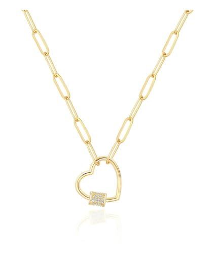 CAROVO 18K Gold Silver Plated Paperclip Chain Necklace for Women Delicate Love Heart Pendant Link Paperclip Chain Necklaces for Women - style: D: Heart CZ Necklace