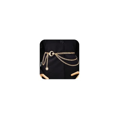 Gold Chain Belt - Fashion Waist Chain Belt with Moon, Butterfly Rhinestone & Layered Design - color: A1-Moon layered-gold