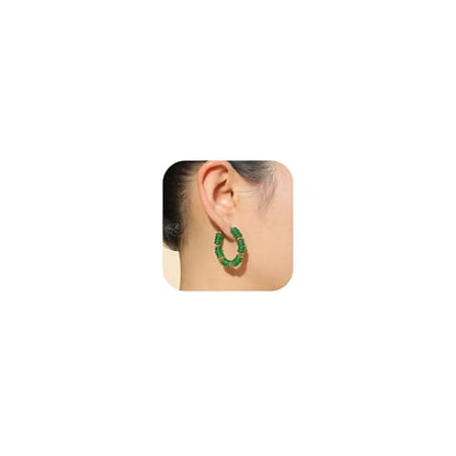 Wellike Beaded Hoop Earrings for Women Natural Stone Pink Gold Huggie Earrings Hypoallergenic Dainty Waterproof Trendy Jewelry - color: green, size: 35mm