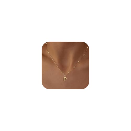 Initial Necklace for Women 14K Gold Silver Dainty Letter Necklace | Personalized Monogram Name Charm Pendant, Simple Bead Chain, Trendy Jewelry Gift, Non Tarnish - style: P