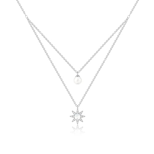 Silver Layered Necklaces For Women Double Chain Necklace With Pearl And Moonstone Sun Pendant 2Pcs Dainty Stackable Necklaces Cubic Zirconia Layered Necklace For Women Daily Wear