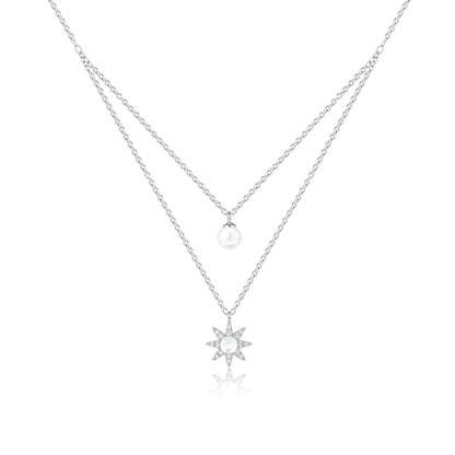 Silver Layered Necklaces For Women Double Chain Necklace With Pearl And Moonstone Sun Pendant 2Pcs Dainty Stackable Necklaces Cubic Zirconia Layered Necklace For Women Daily Wear