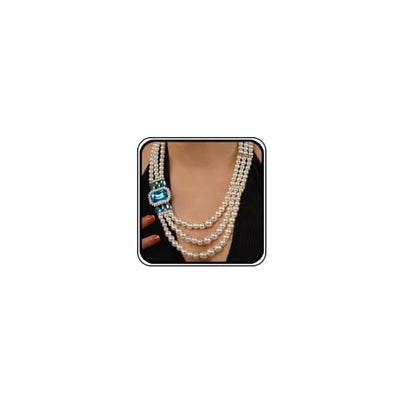 Aimimier 1920s 3-layered White Faux Pearl Necklace and Earrings Set with Crystal and Rhinestone Bridal Long Pearl Necklace Statement Women Jewelry - color: Aqua blue
