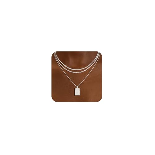 CHESKY Layered Silver Necklace for Women Trendy,Dainty Silver Plated Stackable Charm Necklace Layering Paperclip Tennis Rope Chain CZ Pendant Jewelry Set Gifts - style: Square
