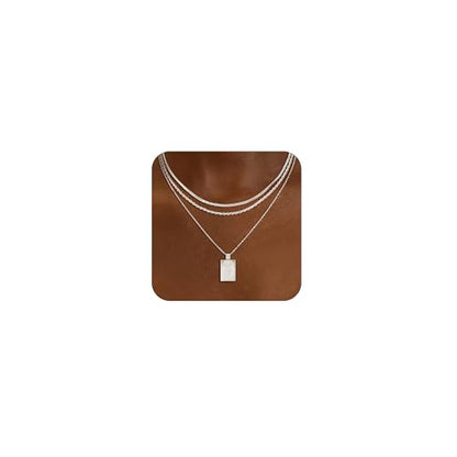 CHESKY Layered Silver Necklace for Women Trendy,Dainty Silver Plated Stackable Charm Necklace Layering Paperclip Tennis Rope Chain CZ Pendant Jewelry Set Gifts - style: Square