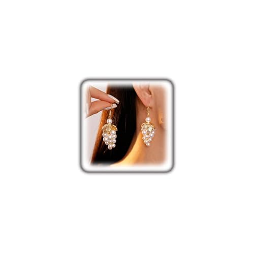 Baroque Faux Pearl Cluster Dangle Earrings for Women,Chunky Pearls Grape Dainty Gold Leaf Drop Statement Earrings Trendy Jewelry Gifts