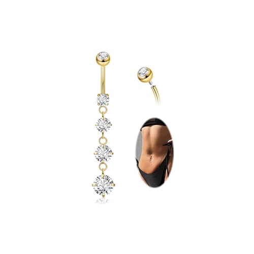 14G G23 Pure Titanium Dangle Belly Button Rings for Women Dangling Belly Ring Curved Barbell Internally Threaded Navel Rings CZ Navel Piercing Jewelry - color: Gold