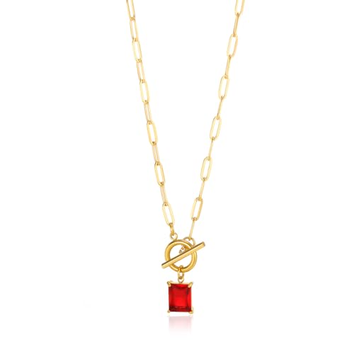 Diamond Necklaces for Women Natural Stone Paperclip Toggle Necklace 14K Gold Plated Emerald Birthstone Necklace for Women Paper Clip Chain Blue Green Cubic Zirconia Pendant Birthday Gifts for Women Mother Jewelry - color: 07. July(Ruby)
