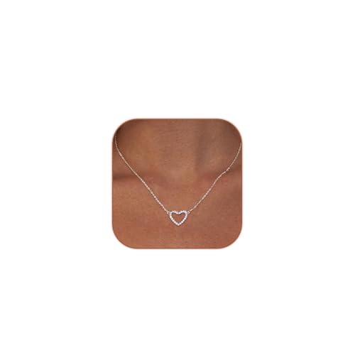HERIER Cute Heart Necklace Dainty 18k Gold Plated Tiny Heart Pendant Choker Necklaces Small Gold Love Open Heart Chain Necklace for Women Simple Gold Necklace for Women Trendy Jewelry - color: CZ Open Heart Necklace-Silver