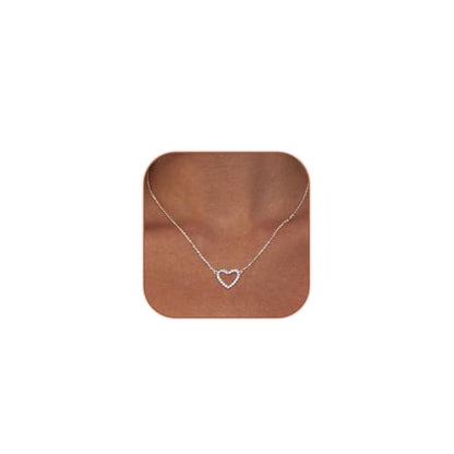 HERIER Cute Heart Necklace Dainty 18k Gold Plated Tiny Heart Pendant Choker Necklaces Small Gold Love Open Heart Chain Necklace for Women Simple Gold Necklace for Women Trendy Jewelry - color: CZ Open Heart Necklace-Silver