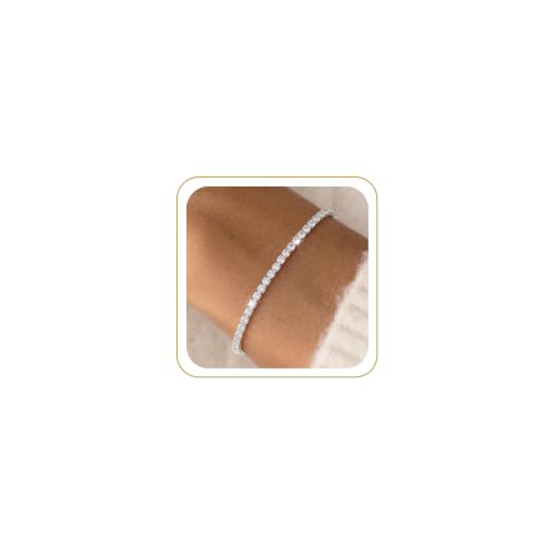 Tewiky Tennis Bracelet 14K Gold/Silver Plated 3mm Cubic Zirconia Tennis Bracelets for Women, Dainty Gold Bracelets for Women Non Tarnish Jewelry - color: Silver
