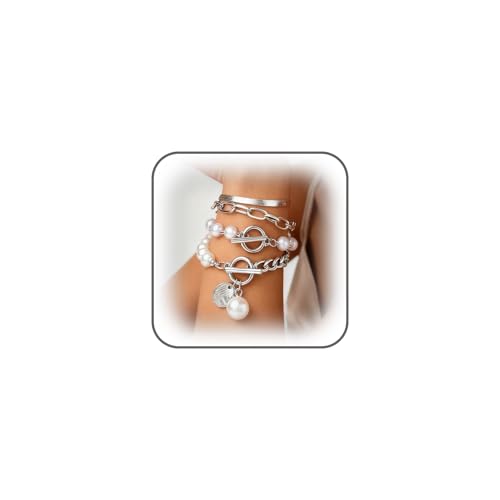 Gold Silver Beaded Pearl Bracelets Stacked for Women Coin Chain Accessories | Statement Stack OT Buckle Bracelet, Charm Stackable Pearls Coins Drop Paperclip Link, Fashion Layered Prom Party Jewelry Gift - color: Silver