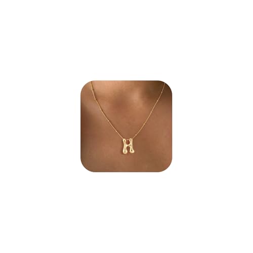 Bheop Initial Necklace for Women, Gold Silver A-Z Bubble Letter Necklace | Chunky Personalized Monogram Name Pendant, Cute Balloon Charm, Dainty Beaded Chain, Trendy Jewelry Gifts, Non Tarnish - color: Gold, style: H