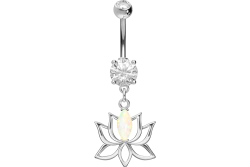 PIERCINGLINE Surgical steel belly button piercing dangle LOTUS BLOSSOM WITH SYNTHETIC OPAL 14 G belly button ring surgical steel belly piercing new version with improved durability - color: Silver-colored