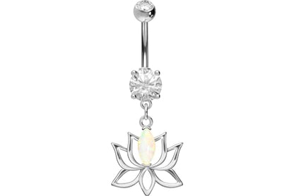 PIERCINGLINE Surgical steel belly button piercing dangle LOTUS BLOSSOM WITH SYNTHETIC OPAL 14 G belly button ring surgical steel belly piercing new version with improved durability - color: Silver-colored