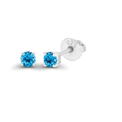 14K Gold Plated 925 Sterling Silver Hypoallergenic 3mm Round Genuine Birthstone Solitaire Screwback Stud Earrings - color: Blue Topaz-Swiss Blue Topaz