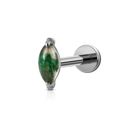 1PC ASTM F136 Titanium Piercing Jewelry for Tragus Conch Helix Flat Labret 18G 6mm 8mm, Cartilage Earring Flatback Stud - color: Moss Agate Marquise - Tit