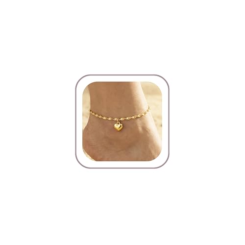 Ritach Gold/Silver Ankle Bracelets for Women 14K Gold Anklets for Women Waterproof Cuban Link Heart Bead Anklets Set Layered Anklet Bracelets for Women Gold Jewelry Gift - color: Gold heart