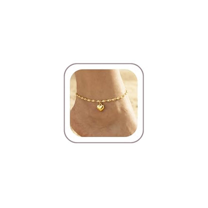 Ritach Gold/Silver Ankle Bracelets for Women 14K Gold Anklets for Women Waterproof Cuban Link Heart Bead Anklets Set Layered Anklet Bracelets for Women Gold Jewelry Gift - color: Gold heart