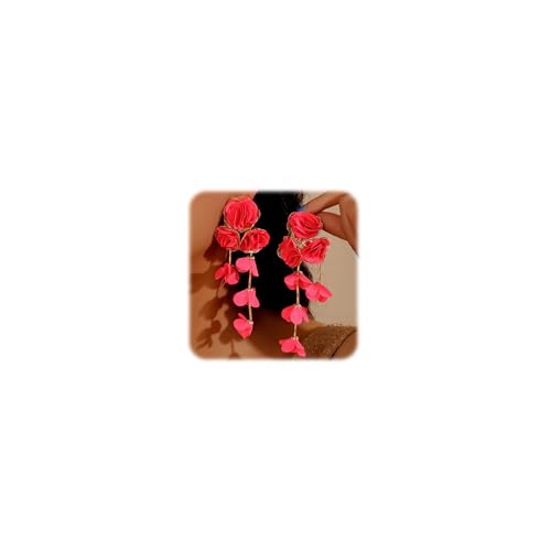 Fabric Flower Earrings for Women Colorful Long Tassel Floral Drop Earrings Fashion Boho Exaggerated Statement Beach Party Jewelry - color: red