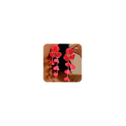 Fabric Flower Earrings for Women Colorful Long Tassel Floral Drop Earrings Fashion Boho Exaggerated Statement Beach Party Jewelry - color: red