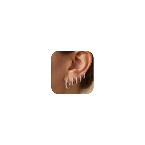 5 Pairs Huggie Hoop Earrings, Cubic Zirconia 14K Gold-Plated 316L Surgical Steel, Hypoallergenic Lightweight Design for Women & Men Cartilage & Multi-Piercing Stacking(13-21mm) - color: A+silvery+White