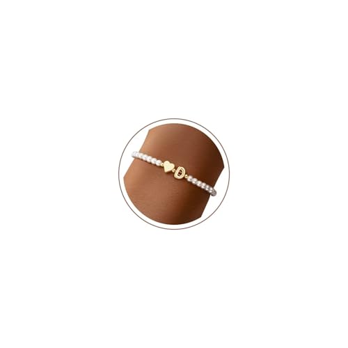 M MOOHAM Pearl Initial Bracelets for Teen Girls, Heart Letter A-Z Bracelets | 14K Gold Plated Heart Letter Bracelet, Dainty Stretch Pearl Initial Bracelet, 6-14 Year Old Girl Birthday Gifts for Teen Girl - color: D