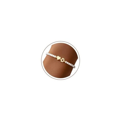 M MOOHAM Pearl Initial Bracelets for Teen Girls, Heart Letter A-Z Bracelets | 14K Gold Plated Heart Letter Bracelet, Dainty Stretch Pearl Initial Bracelet, 6-14 Year Old Girl Birthday Gifts for Teen Girl - color: D