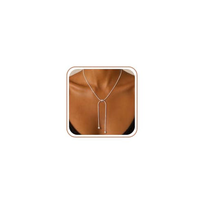 Lariat Gold Silver Necklace for Women Long Dainty Y Necklace 14k Gold Plated Drop Chunky Necklace Trendy Clover Heart Cross Teardrop Cz Pendant Statement Simple Adjustable Jewelry Gift - color: Silver- Beads