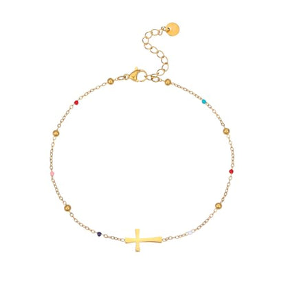 Ankle Bracelets for Women, 18K Gold Plated Dainty Waterproof Cross Anklets, Pearl Beaded Link Chain Anklet for Women Non Tarnish, Summer Beach Foot Jewelry, Christmas Gifts - color: Colorful Beads Cross-Gold