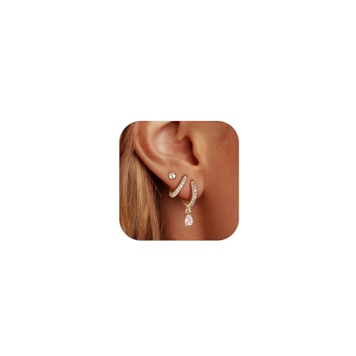 14K Gold Hoop Dangle Stud Earrings Surgical Steel Helix Piercing | Hypoallergenic,Cubic Zirconia,3 Pairs Huggie Hoop Set for Women,Dangle Stud,Cartilage Tragus Conch Earring,Jewelry Gift - color: A6-Gold Teardrop CZ