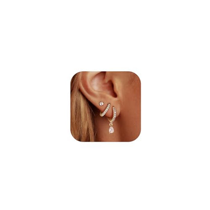 14K Gold Hoop Dangle Stud Earrings Surgical Steel Helix Piercing | Hypoallergenic,Cubic Zirconia,3 Pairs Huggie Hoop Set for Women,Dangle Stud,Cartilage Tragus Conch Earring,Jewelry Gift - color: A6-Gold Teardrop CZ